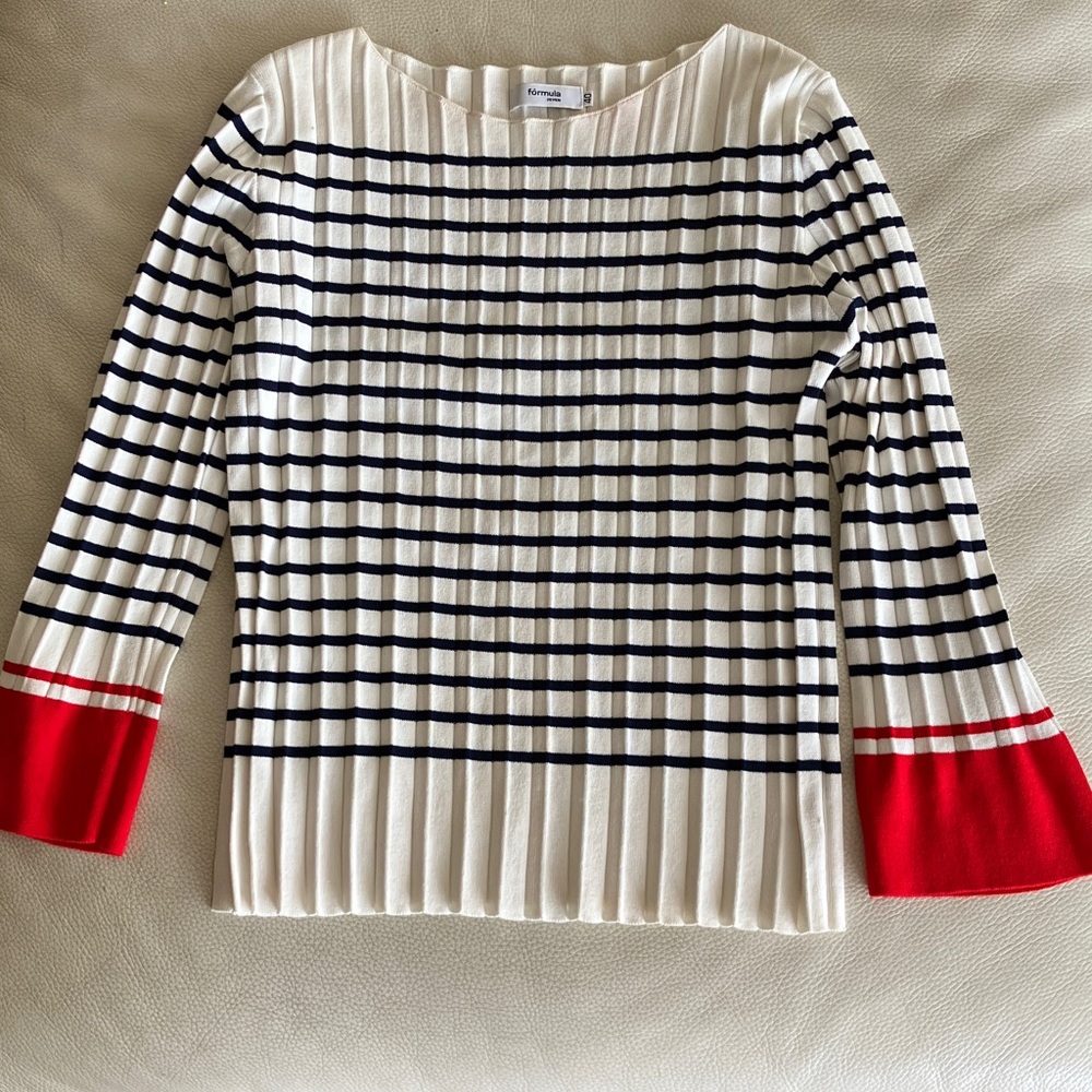 Talbots White Navy Stripe Crewneck Sweater with Red Cuffs
